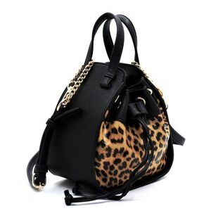Fashion  Leopard Drawstring Bucket Bags Mini Tote Handbag